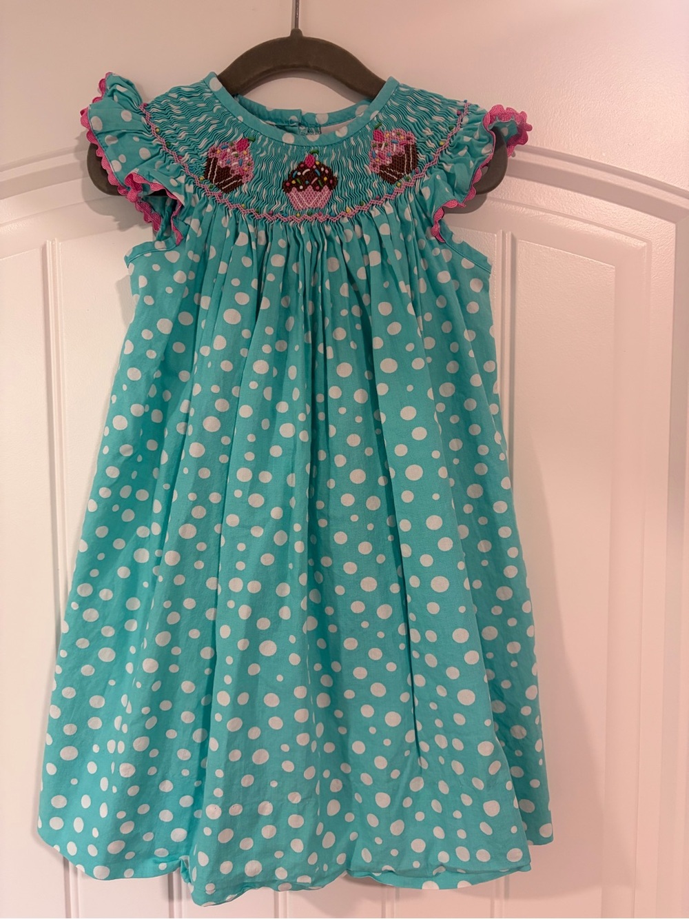Polka Dot Teal Girls Casual Dress with Cupcake Smocking